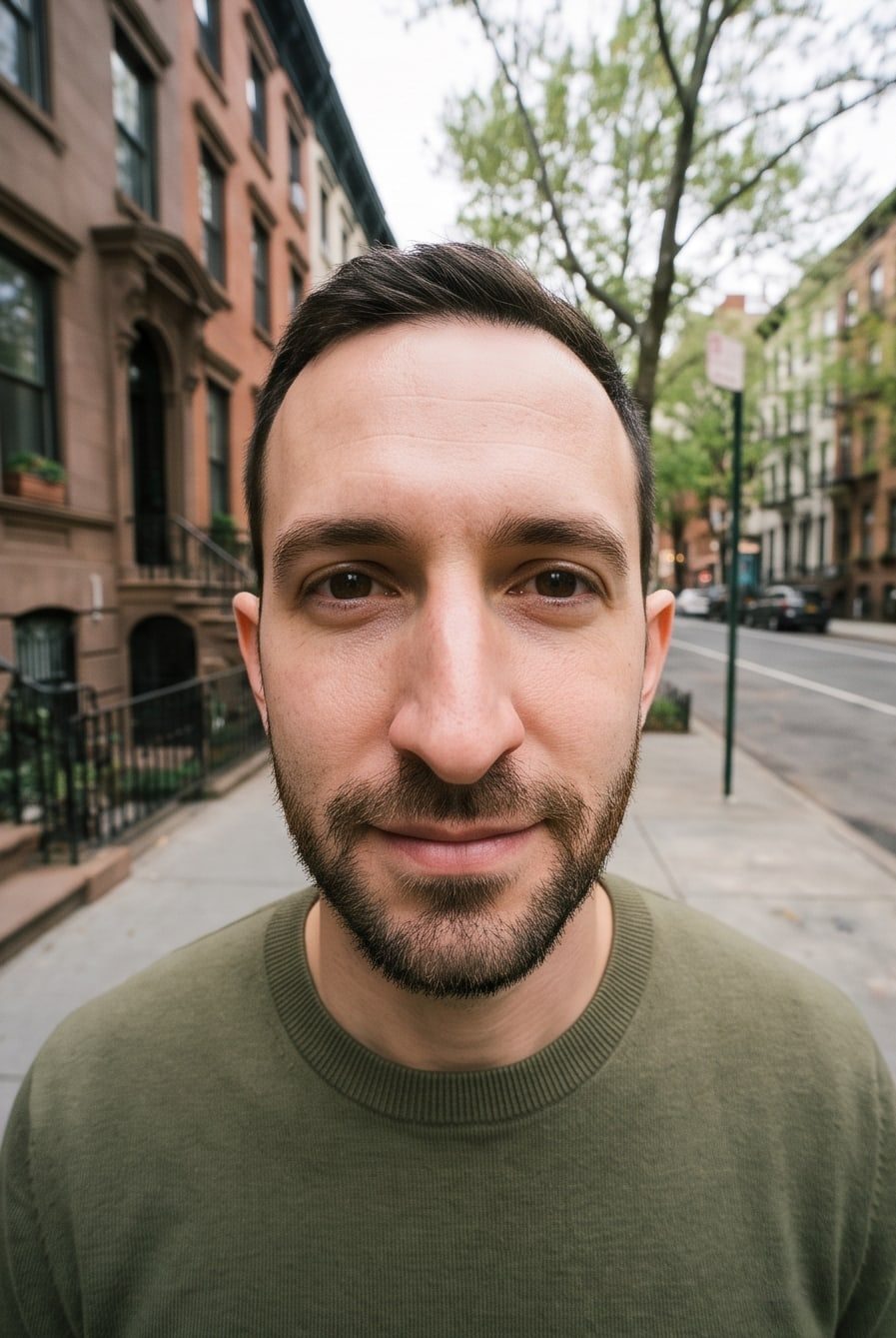 Retrato de um homem feito de muito perto com grande angular: o nariz e a testa parecem maiores e a rua aparece inteira ao fundo.